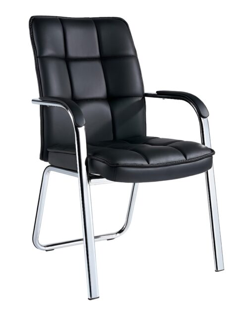 Clara Visitor Chair - Steel Frame - Padded Armrests - Rexine Cushioned Back And Seating - Fix Base