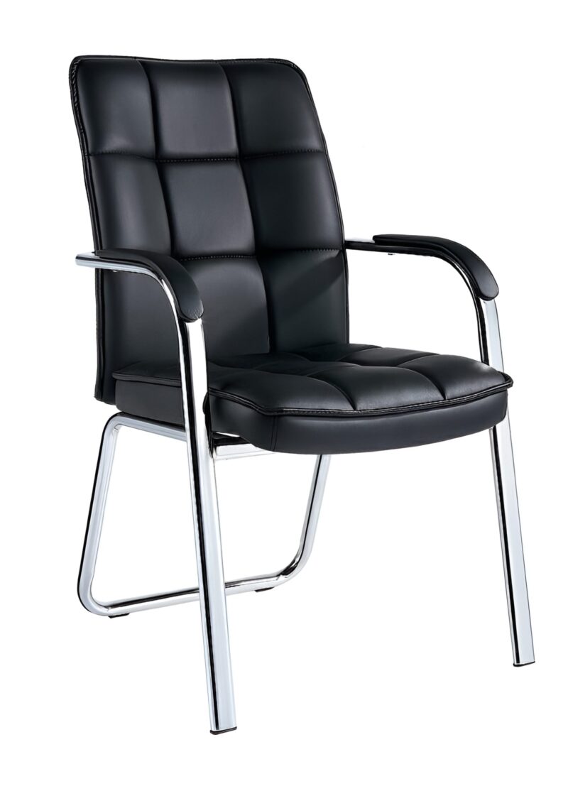 Clara Visitor Chair - Steel Frame - Padded Armrests - Rexine Cushioned Back And Seating - Fix Base