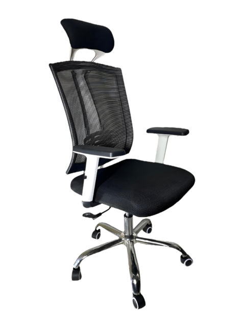 White Goose Manager Ergonomic Chair – High Back Mesh Build – Fix Headrest & Adjustable Armrests – Lumbar Back Support – Steel Chrome Footer – Height Adjustment – Extra Back Support – Imported