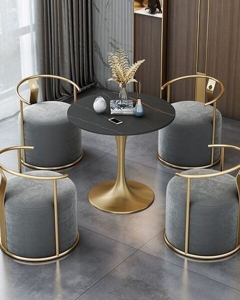 Goldilocks Coffee Set | Deco Chroming Steel Frame | Cushion Seating And Back | Custom Fabric | Marble Table Impact | Premium Designer Styling