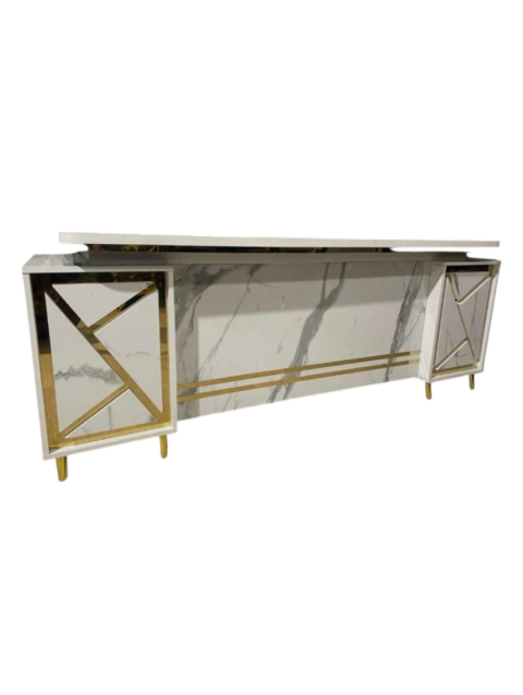 White Marble Office Table With Golden Sidelining Three Lockable Drawers (Addable Side Rack For File - Three Sizes Available