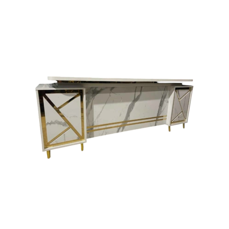 White Marble Office Table With Golden Sidelining Three Lockable Drawers (Addable Side Rack For File - Three Sizes Available