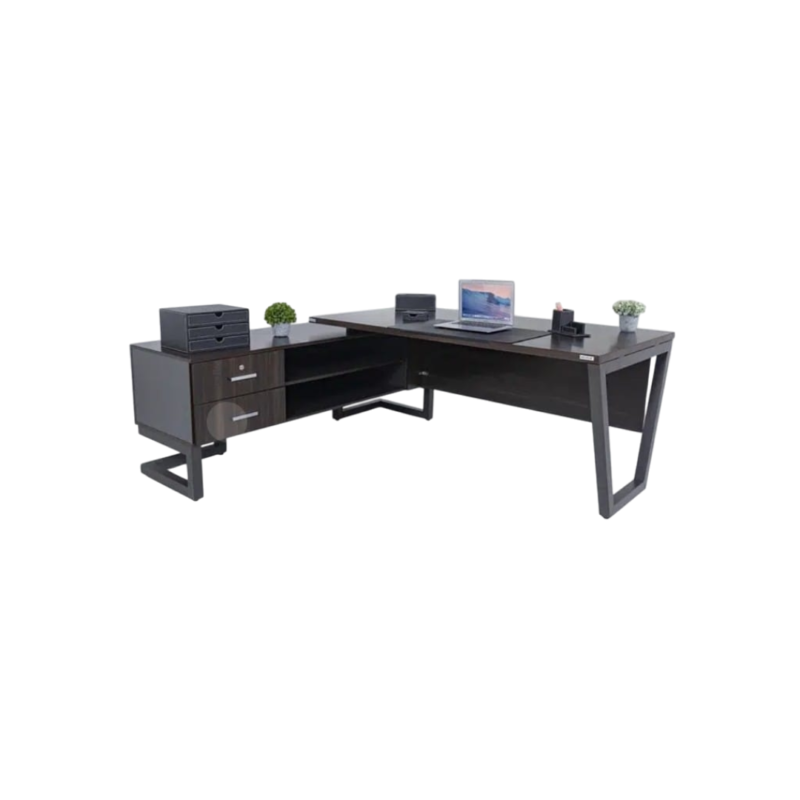 Woodland Office Table With Golden Sidelining Three Lockable Drawers (Addable Side Rack For Files - 18 Guage Metal Foundation